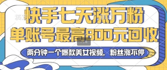 2024年快手七天涨万粉，但账号最高800元回收，两分钟一个爆款美女视频-众创网