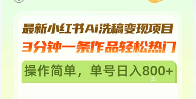 （13182期）最新小红书Ai洗稿变现项目 3分钟一条作品轻松热门 操作简单，单号日入800+-众创网