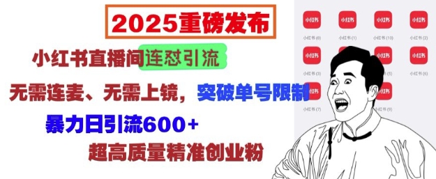 2025重磅发布：小红书直播间连怼引流，无需连麦、无需上镜，突破单号限制，暴力日引流600+-众创网